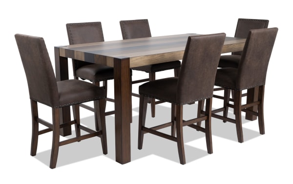Canyon 7 Piece Brown Faux Leather Upholstered Counter Height Dining Set with rustic multi-tone MDF wood table and memory foam seating.