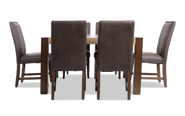 Canyon 7 Piece Brown Faux Leather Upholstered Square Dining Set with rustic multi-tone MDF wood table and memory foam seating from Canyon Dining collection.