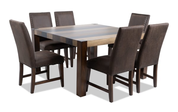 Canyon 7 Piece Brown Faux Leather Upholstered Square Dining Set with multi-tone MDF wood table and memory foam seating, rustic style