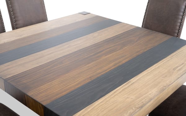 Rustic Canyon 7 Piece Brown Faux Leather Upholstered Square Dining Set with multi-tone MDF wood table and memory foam seating.