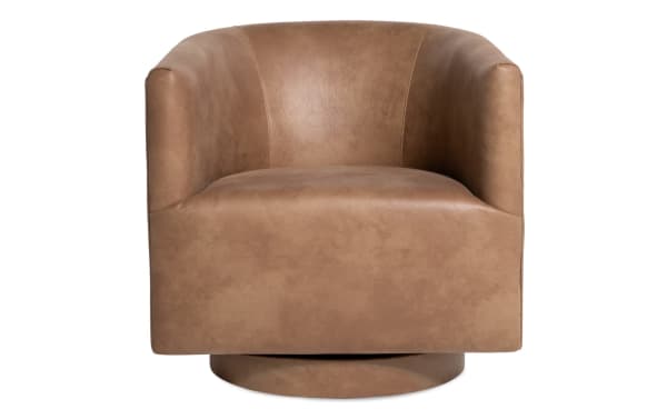 Blair Cognac Swivel Accent Chair in brown polyester fabric with contoured back and memory foam seat, ideal for living rooms or reading nooks.