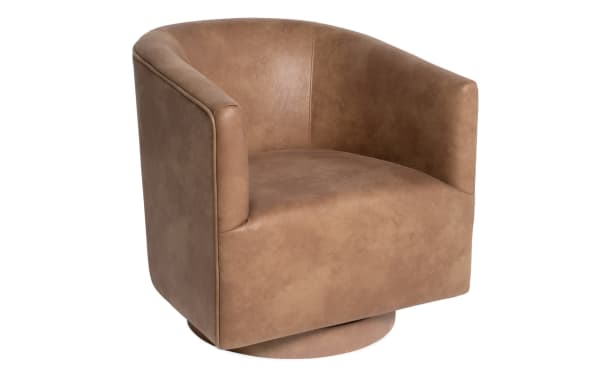 Blair Cognac Swivel Accent Chair in brown polyester fabric with contoured back and memory foam seat, designed for comfort and modern style.