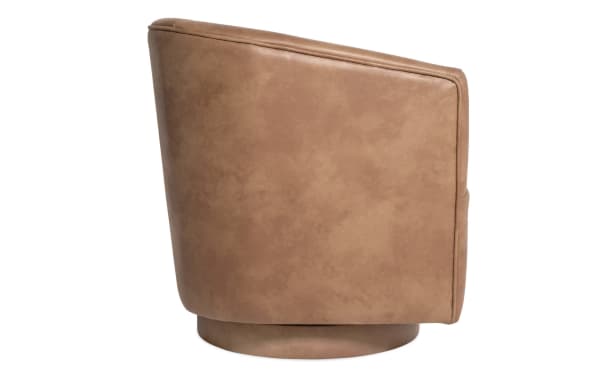 Blair Cognac Swivel Accent Chair in brown polyester fabric with contoured back and round base, designed for comfort and 360-degree rotation.