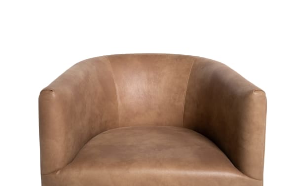 Blair Cognac swivel accent chair in brown polyester fabric with contoured back and plush memory foam seat, ideal for living rooms or reading nooks.