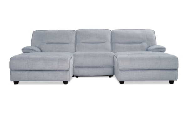 Pacifica Silver 114'' transitional 3-piece power reclining sectional with dual chaise, silver polyester fabric, memory foam cushions, and USB ports.