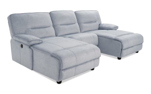 Silver Pacifica 114'' transitional 3-piece dual chaise sectional with power recline, USB ports, and soft polyester fabric upholstery.