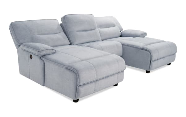 Pacifica Silver 114'' power reclining 3-piece dual chaise sectional in silver polyester fabric with memory foam cushions, USB ports, and transitional style.
