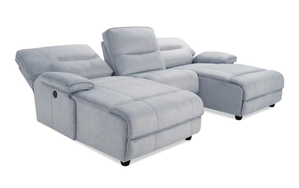 Pacifica Silver 114'' power reclining 3-piece dual chaise sectional in silver polyester fabric, transitional style with USB ports and memory foam cushions.