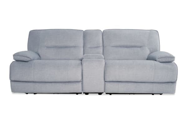 Pacifica Silver 95'' power reclining console loveseat in silver polyester fabric with memory foam cushions, USB ports, and cup holders.