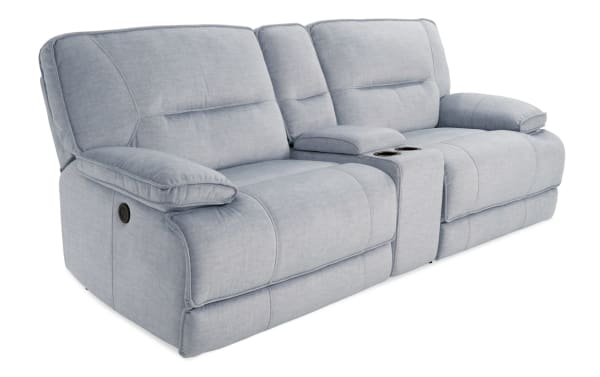 Silver Pacifica 95'' transitional power reclining console loveseat in soft polyester fabric with memory foam cushions, USB ports, and cup holders.