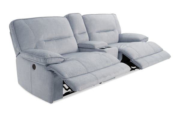 Silver Pacifica 95'' transitional power reclining console loveseat in brushed microfiber polyester fabric with memory foam cushions, USB ports, and cup holders.