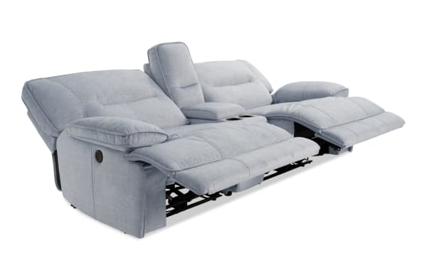 Pacifica Silver 95'' power reclining console loveseat in silver polyester fabric with memory foam cushions, USB ports, and cup holders.