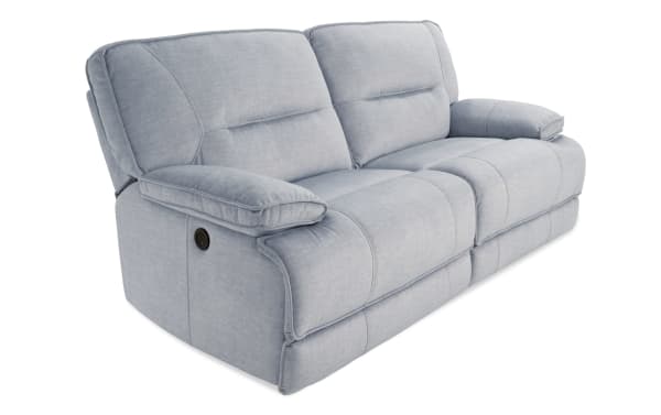 Pacifica Silver 82" power reclining loveseat in silver polyester fabric with plush cushions, transitional style, USB charging port, and power recline.