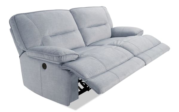 Silver Pacifica 82" transitional power reclining loveseat with plush polyester fabric, memory foam cushions, and built-in USB charging port.