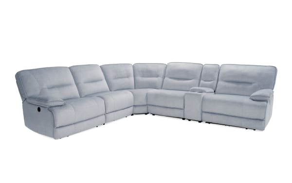 Pacifica Silver 130'' 6-piece power reclining sectional in silver polyester fabric with USB ports, cup holders, and chaise lounge.