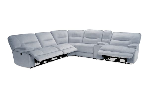 Pacifica Silver 130'' transitional 6-piece fabric sectional with power recline, USB ports, cup holders, and memory foam cushions in silver polyester.
