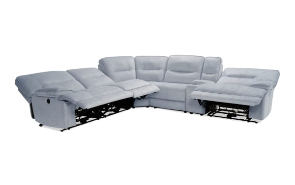 Pacifica Silver 130'' Power Reclining 6 Piece Sectional in silver polyester fabric with memory foam cushions, USB ports, cup holders, and power recline.