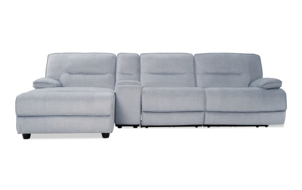 Silver Pacifica transitional 127" power reclining 4-piece sectional with left arm chaise, armless recliner, polyester fabric, USB ports, and cup holders.