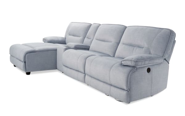 Silver Pacifica 127" transitional 4-piece fabric sectional with left-arm chaise, power recliners, USB ports, cup holders, and plush memory foam cushions.