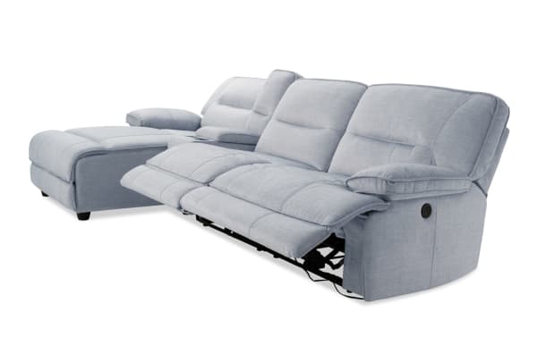 Silver Pacifica 127" transitional 4-piece fabric sectional with left-arm chaise, power reclining seats, USB ports, and plush microfiber upholstery.