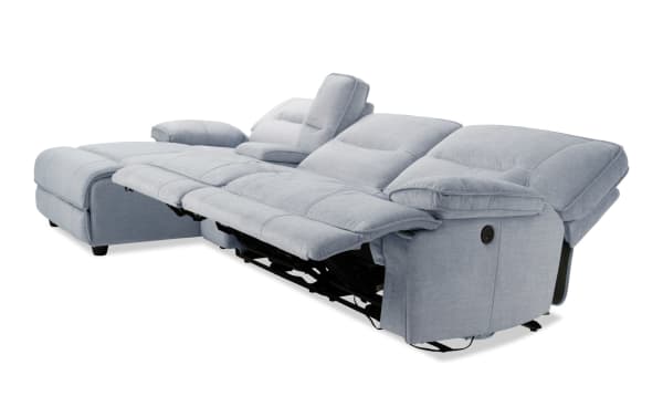 Pacifica Silver 127'' transitional 4-piece left-arm chaise sectional with armless power recliner, silver polyester fabric, USB ports, and memory foam cushions.