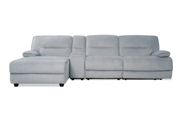 Pacifica Silver 127'' transitional 4-piece left arm facing chaise sectional in silver polyester fabric with power recline, USB ports, and cup holders.