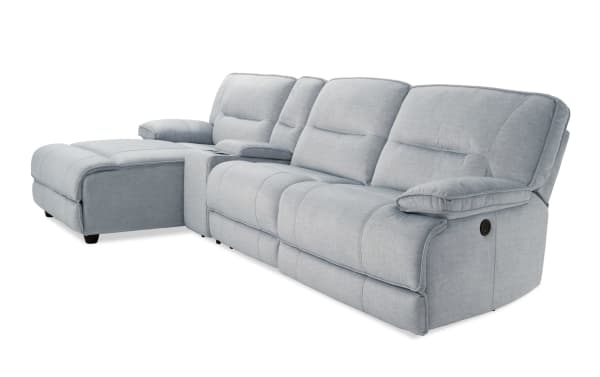 Pacifica Silver 127'' transitional 4-piece left arm facing chaise sectional in silver polyester fabric with power recline, USB ports, and cup holders.