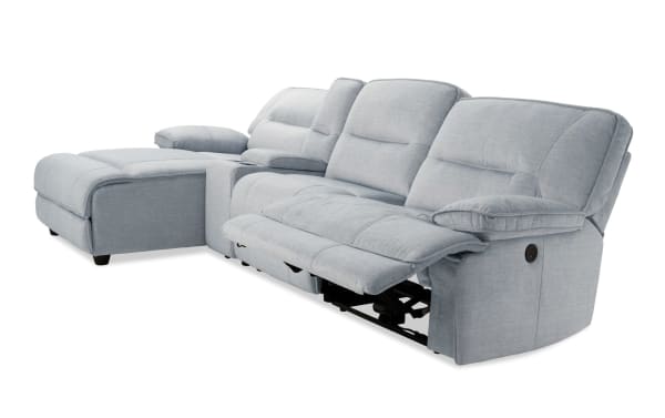Silver Pacifica 127" transitional 4-piece fabric polyester sectional with left arm chaise, power recline, USB ports, and cup holders.