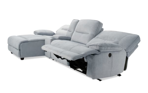 Pacifica Silver 127'' power reclining 4-piece sectional with left arm chaise, armless chair, silver polyester fabric, USB ports, and cup holders.