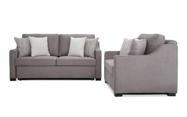 Bob-O-Pedic® Gray 73'' Queen Pop-Up Sleeper Sofa & Chair set in gray polyester fabric with transitional style, slope arms, accent pillows, and memory foam cushions.