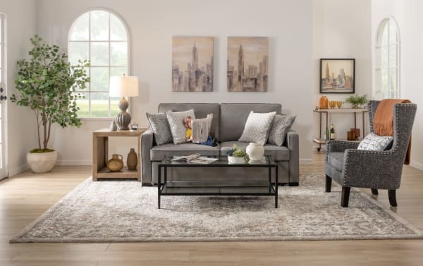 Bob-O-Pedic® Gray 73'' Queen Pop-Up Sleeper Sofa & Chair set in gray polyester fabric with transitional style, traditional slope arms, accent pillows, and memory foam cushions.