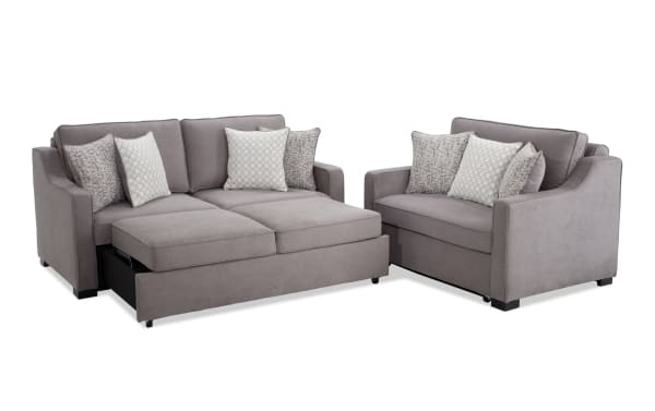 Bob-O-Pedic® Gray 73'' Queen Pop-Up Sleeper Sofa & Chair set in gray polyester fabric, transitional style with slope arms, memory foam cushions, and accent pillows.