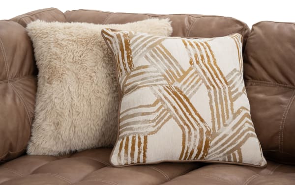 Transitional Sierra Cognac 118'' left arm facing chaise sectional with brown polyester and polyurethane fabric, tufted cushions, and decorative accent pillows.