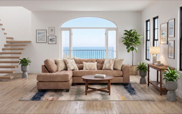Sierra Cognac 118'' 2 Piece Left Arm Facing Chaise Sectional in brown polyester fabric with tufted cushions, accent pillows, and transitional style.