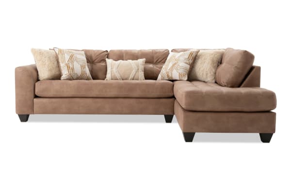 Sierra Cognac 118'' 2 Piece Right Arm Facing Chaise Sectional in brown polyester fabric with tufted cushions, memory foam padding, and accent pillows.