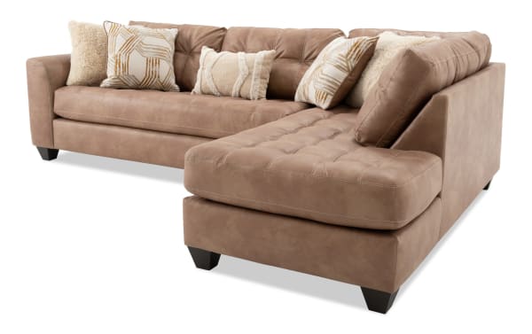 Sierra Cognac 118'' 2 Piece Right Arm Facing Chaise Sectional in brown polyester fabric with tufted cushions, transitional style, and memory foam padding.