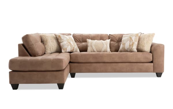 Sierra Cognac 118'' 2-piece left arm facing sleeper chaise sectional in brown polyester fabric with tufted cushions, accent pillows, and full gel memory foam mattress.