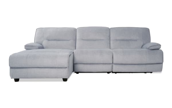 Pacifica Silver 114'' power reclining 3-piece sectional with left arm chaise, armless recliner, silver polyester fabric, USB ports, transitional style.