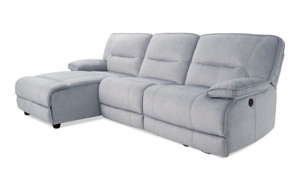 Pacifica Silver 114" power reclining 3-piece sectional with left arm chaise, armless recliner, silver polyester fabric, USB ports, transitional style.