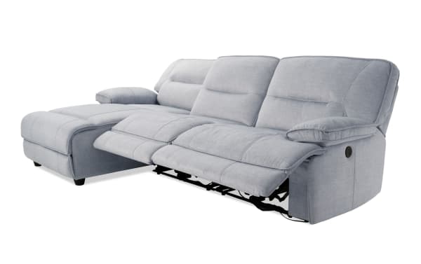 Pacifica Silver 114" transitional 3-piece fabric sectional with left arm chaise, power recliners, brushed microfiber polyester, memory foam cushions, and USB ports.
