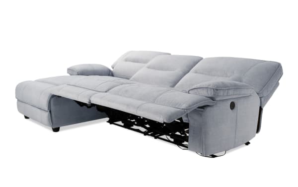 Pacifica Silver 114'' power reclining 3-piece sectional with left arm chaise, armless recliner, silver polyester fabric, USB ports, and transitional style.