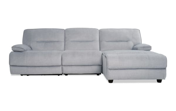 Pacifica Silver 114" power reclining 3-piece sectional with right arm facing chaise, armless chair, silver polyester fabric, USB ports, transitional style.
