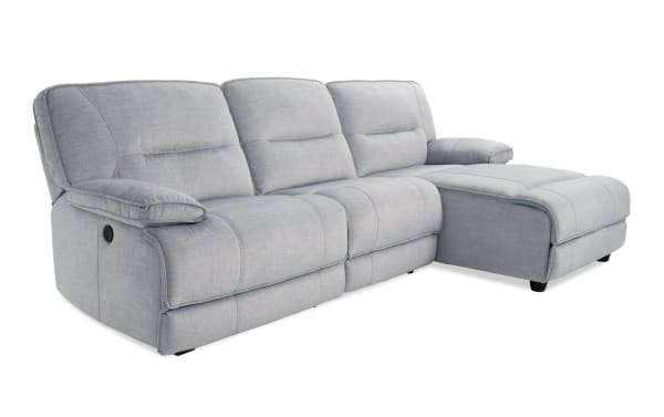 Pacifica Silver 114'' power reclining 3-piece sectional with right arm chaise, silver polyester fabric, USB ports, and transitional style cushions.
