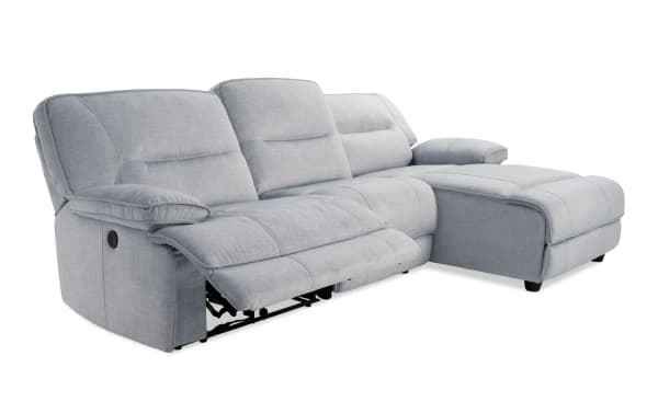 Pacifica Silver 114'' power reclining 3-piece sectional with right arm chaise, silver polyester fabric, transitional style, USB ports, and plush memory foam cushions.