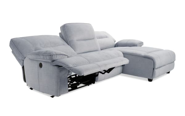Pacifica Silver 114" transitional 3-piece right arm facing chaise sectional with silver polyester fabric, power recliners, USB ports, and memory foam cushions.