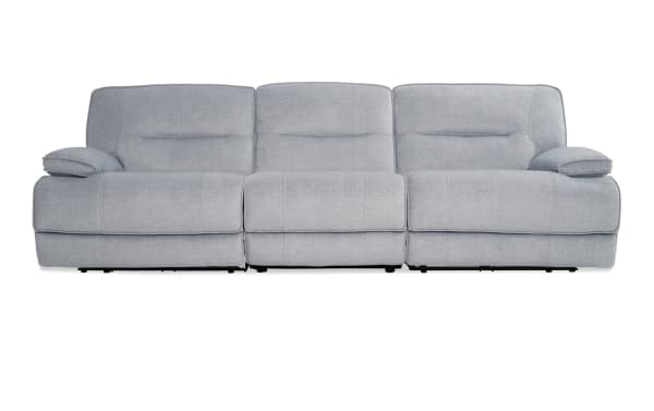 Transitional Pacifica Silver 114'' Power Reclining Sofa in silver polyester fabric with plush cushions, memory foam, power recline, and built-in USB port.