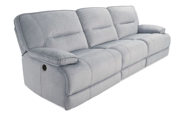 Pacifica Silver 114'' power reclining sofa in silver polyester fabric with plush cushions, brushed microfiber, USB charging port, and transitional style.