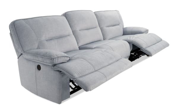 Pacifica Silver 114'' power reclining sofa in silver polyester fabric with memory foam cushions, USB charging port, and transitional style.