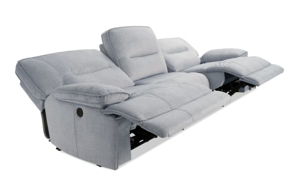 Pacifica Silver 114'' power reclining sofa in silver polyester fabric with plush cushions, memory foam, USB charging, and transitional style.