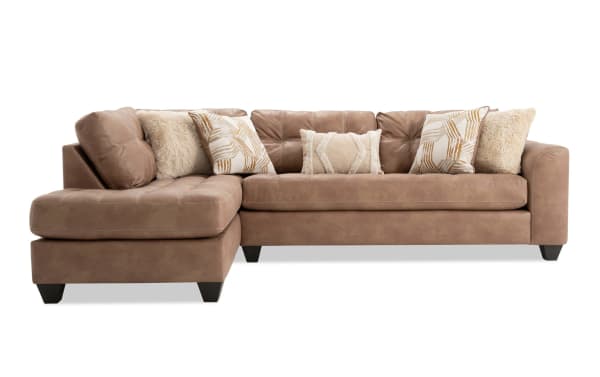 Sierra Cognac 118" 2-piece left arm facing sleeper chaise sectional in transitional style with tufted cushions, brown polyester fabric, and cooling memory foam mattress.